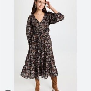 Cleobella Carly Ankle Dress Vneck Puff Sleeves Paisley Tiered Black Pockets Sz S